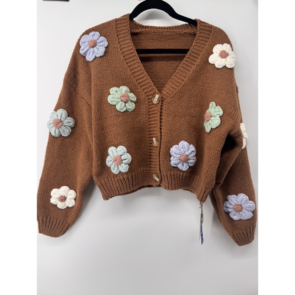 Cider Small 3D Flower Knitted Brown Boho Cardigan V-neck Sweater NWT
